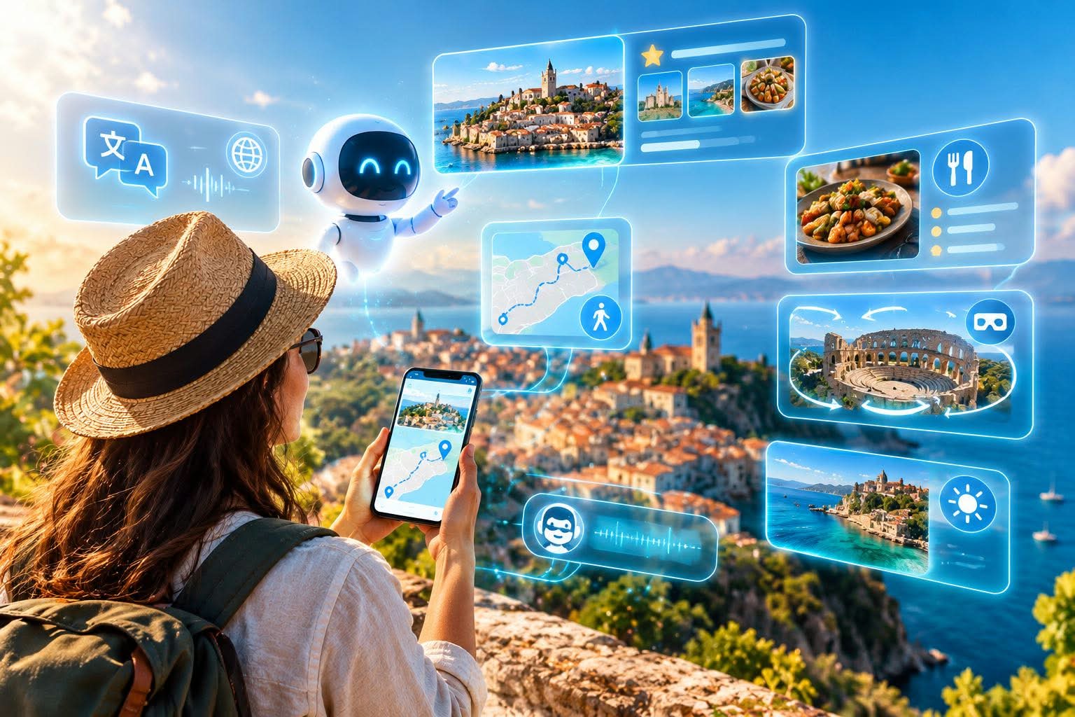 Une touriste utilise son smartphone pour découvrir une destination méditerranéenne grâce à l'intelligence artificielle, avec des recommandations personnalisées, des itinéraires, des traductions et des suggestions d'activités